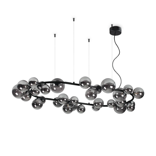 Suspension ovale PERLAGE SP30 noire diffuseurs fumé - luminaire suspendu élégant avec 30 sphères en pyrex fumé.