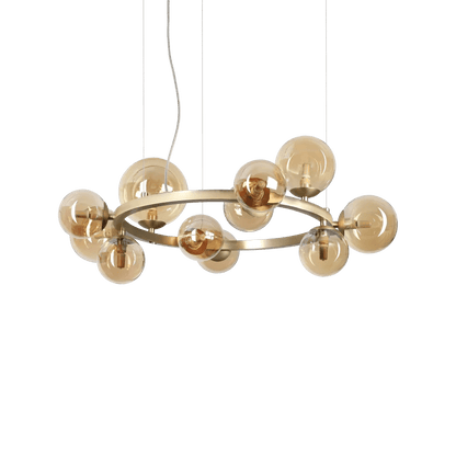 Suspension PERLAGE circulaire SP11 laiton diffuseurs ambré - Luminaire suspendu design avec 11 sphères en verre ambré.