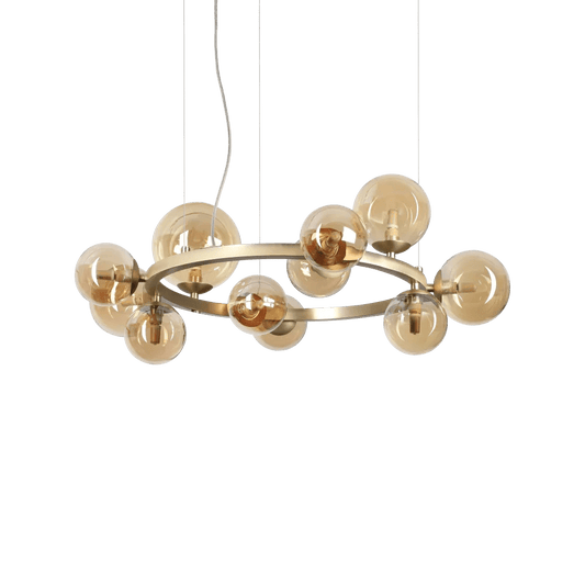Suspension PERLAGE circulaire SP11 laiton diffuseurs ambré - Luminaire suspendu design avec 11 sphères en verre ambré.