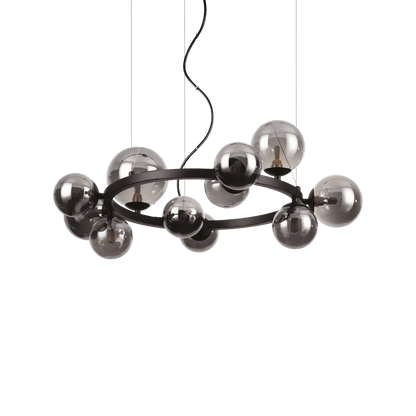 Suspension PERLAGE circulaire SP11 noire diffuseurs fumé - Luminaire suspendu design avec 11 sphères en pyrex fumé.-