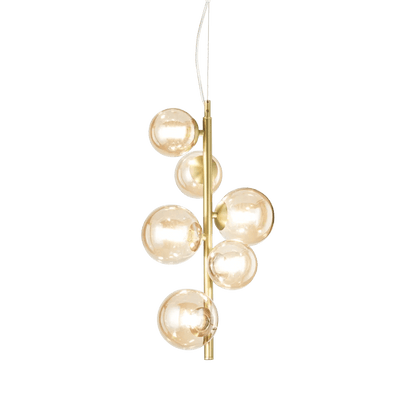 Suspension PERLAGE SP6 laiton diffuseurs ambré - Luminaire suspendu design avec 6 sphères en verre ambré.