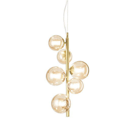 Suspension PERLAGE SP6 laiton diffuseurs ambré - Luminaire suspendu design avec 6 sphères en verre ambré.