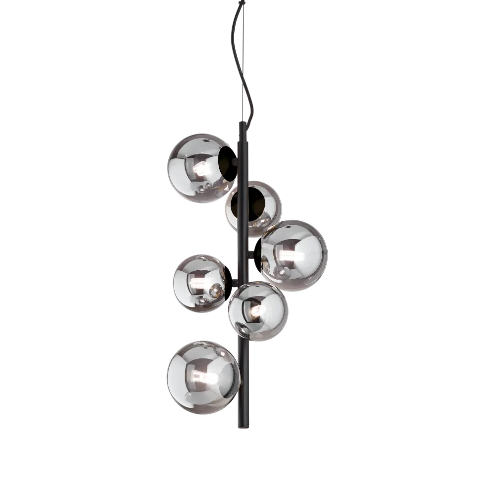 Suspension PERLAGE SP6 noire diffuseurs fumé - luminaire suspendu design avec 6 sphères en pyrex fumé.