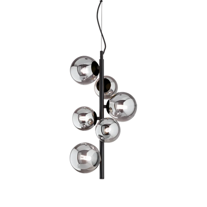 Suspension PERLAGE SP6 noire diffuseurs fumé - luminaire suspendu design avec 6 sphères en pyrex fumé.
