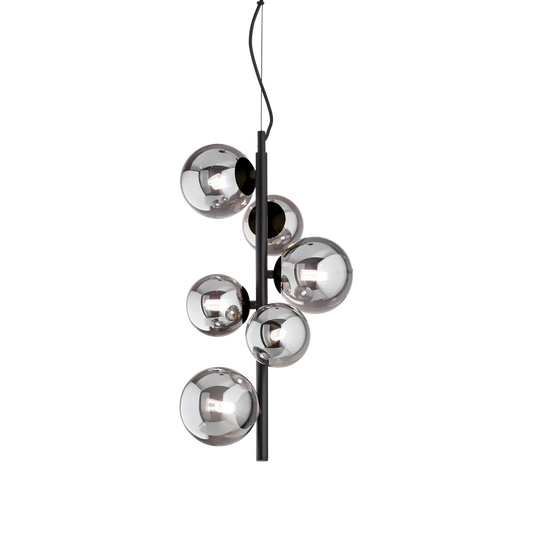 Suspension PERLAGE SP6 noire diffuseurs fumé - luminaire suspendu design avec 6 sphères en pyrex fumé.