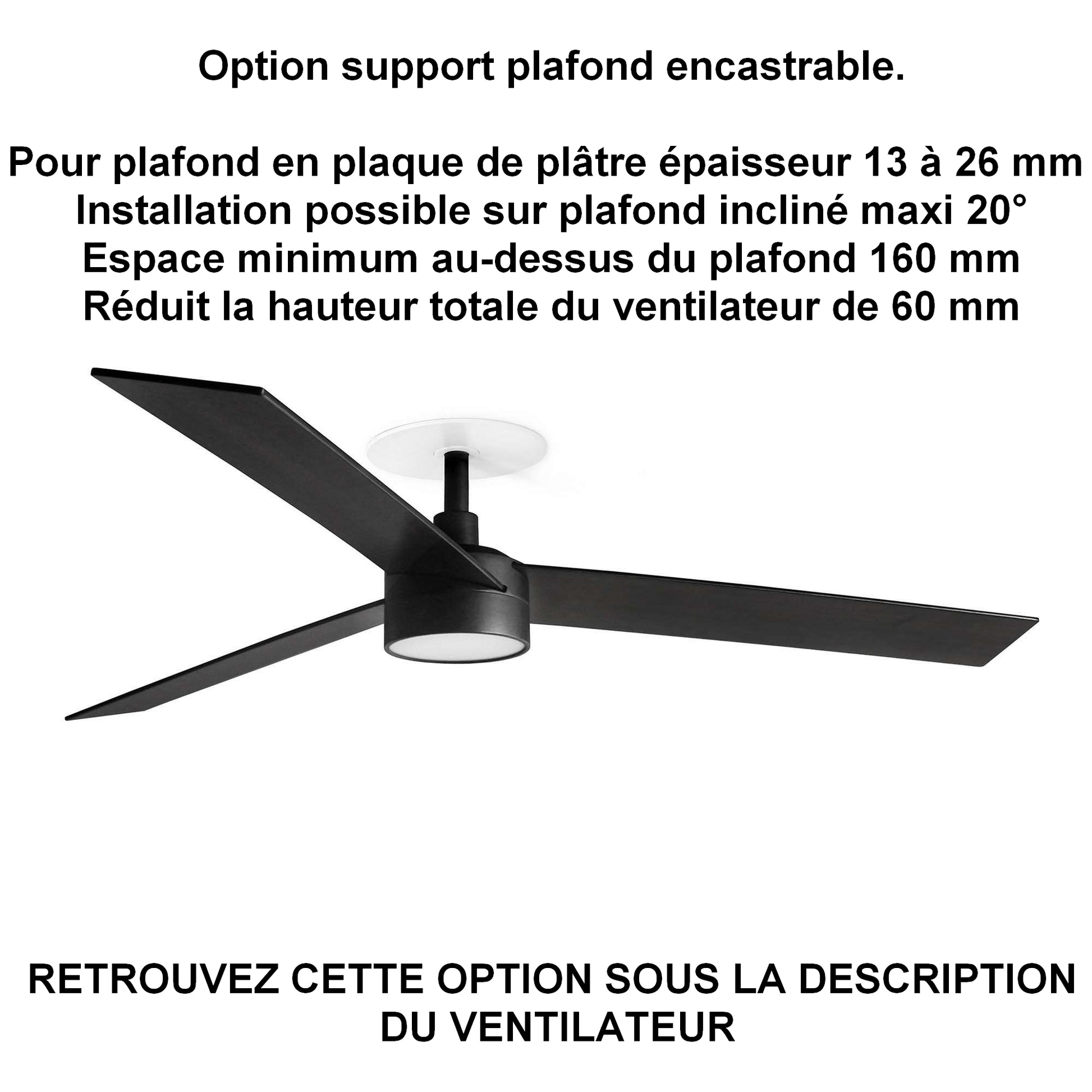 ventilateur de plafond RUDDER L noir avec luminaire installation plafond ba13
