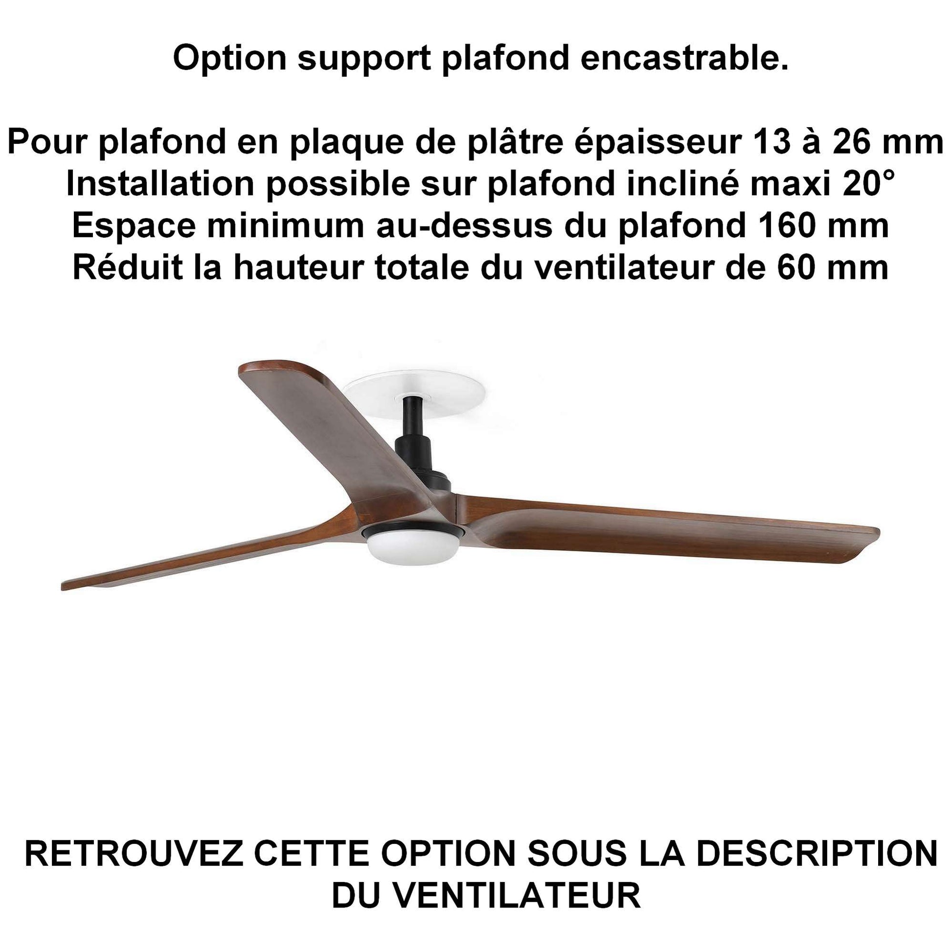 Ventilateur de plafond HEYWOOD noir avec luminaire et pales en bois foncé pour plafond ba13