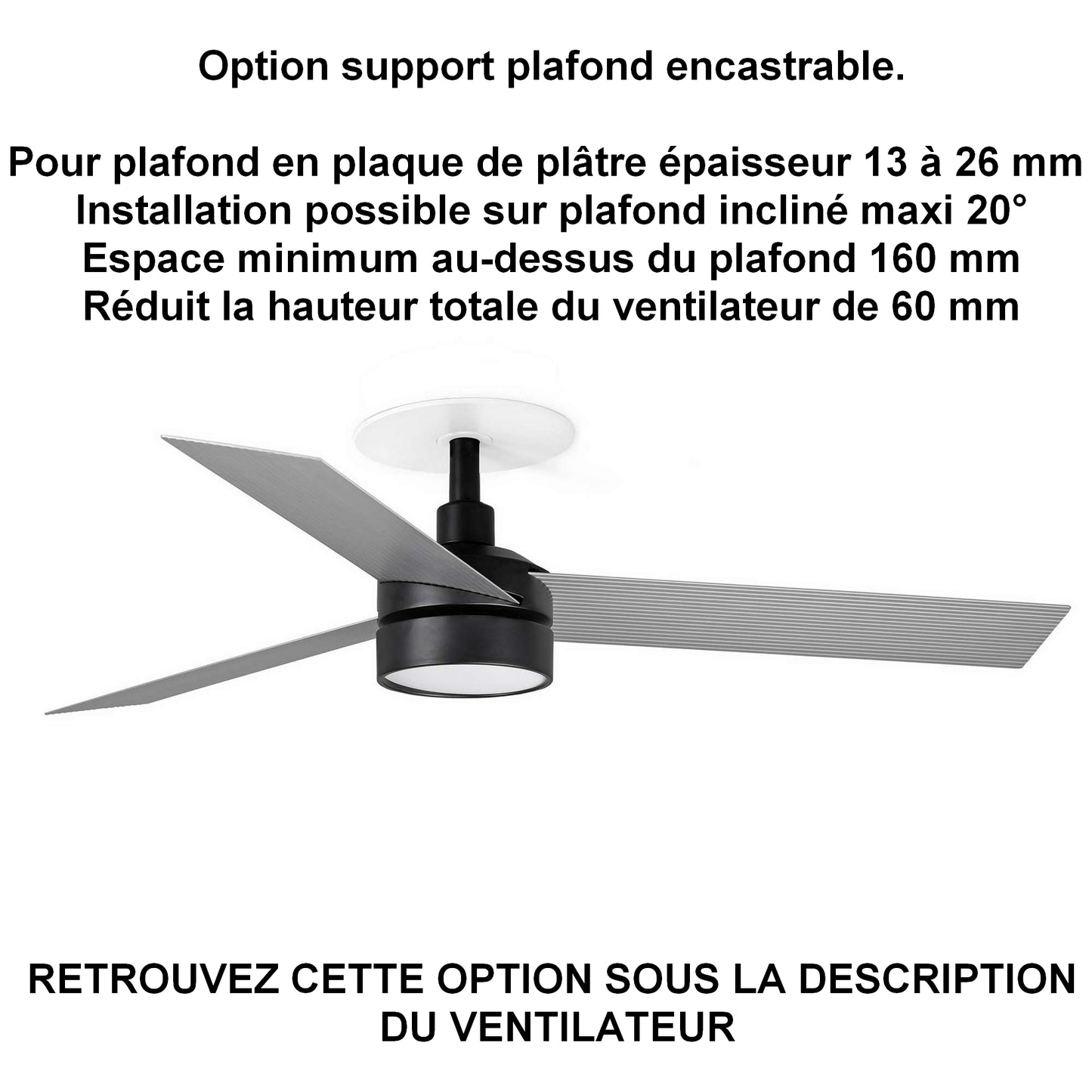 ventilateur de plafond CRUISER S noir pales alu avec luminaire pour ba13