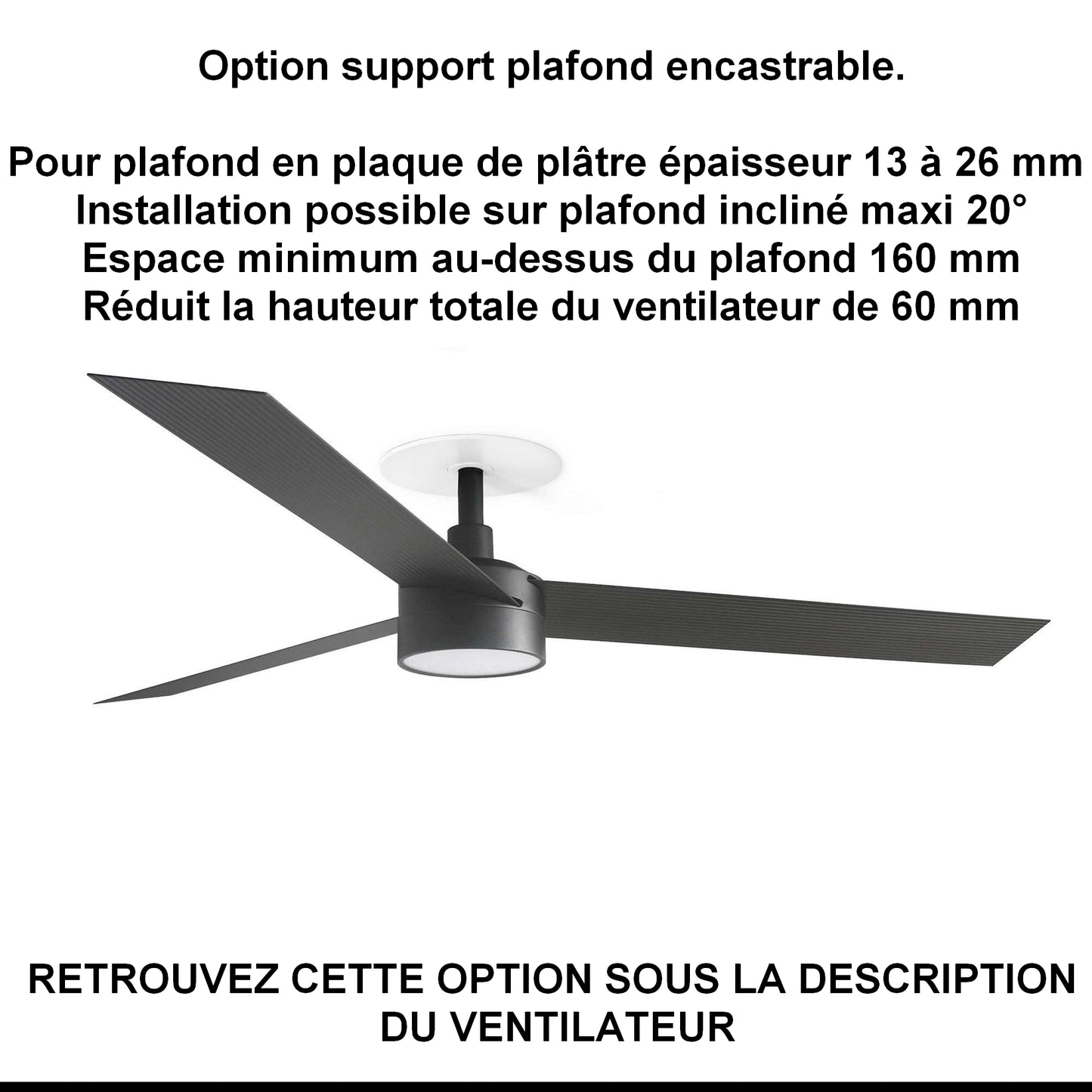 ventilateur de plafond CRUISER L noir avec luminaire installation sur ba13
