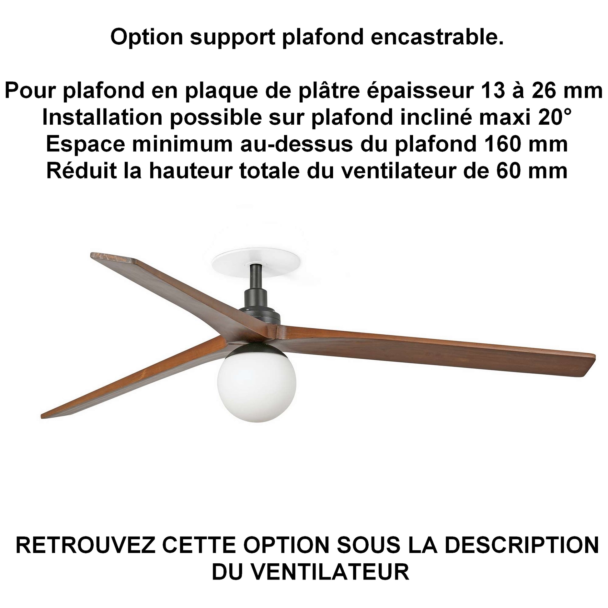 Ventilateur de plafond avec lampe KLIM-L Ø 1500 mm noir pales noyer  foncé installation BA13