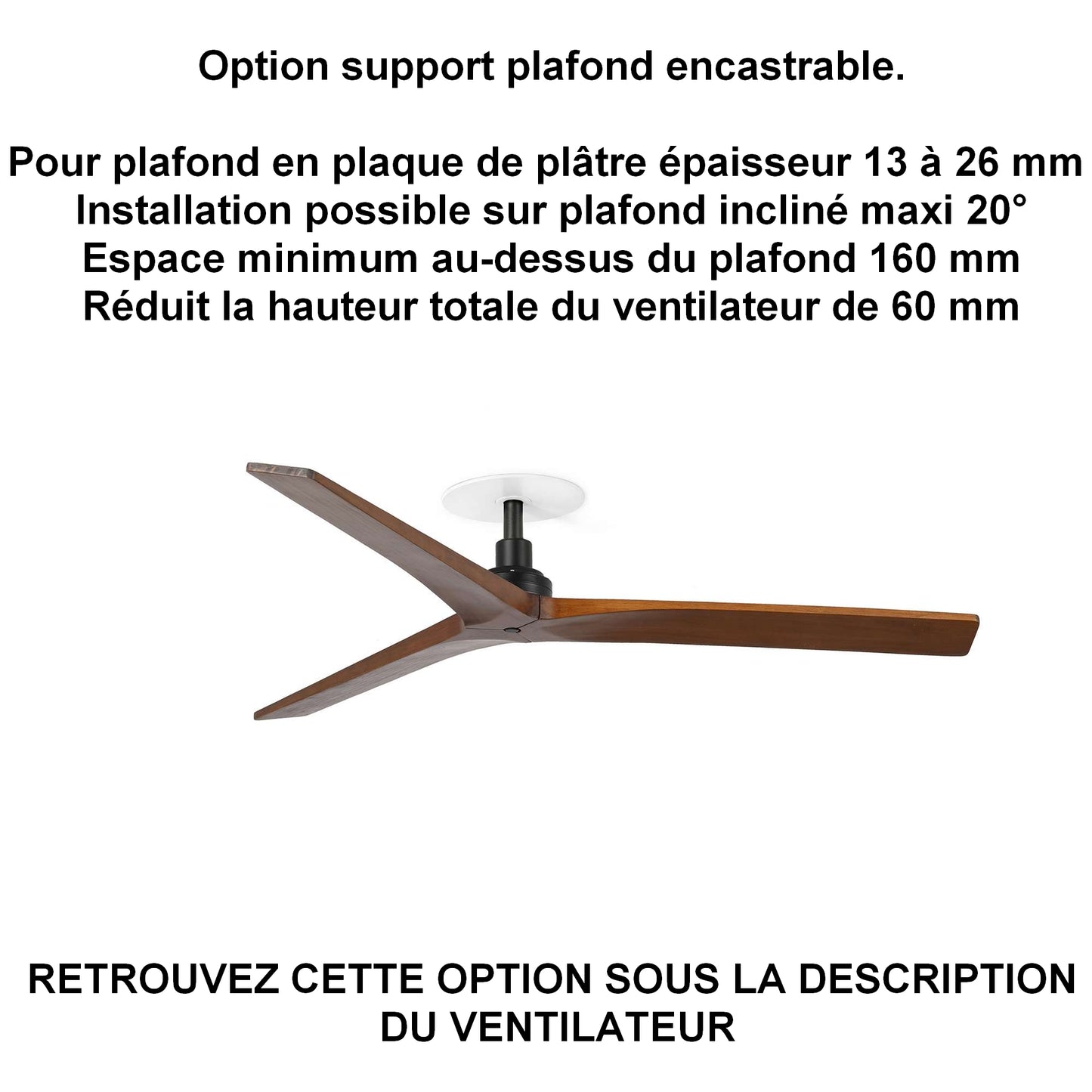 Ventilateur de plafond KLIM-M Ø 1250 mm noir pales noyer foncé installation ba13