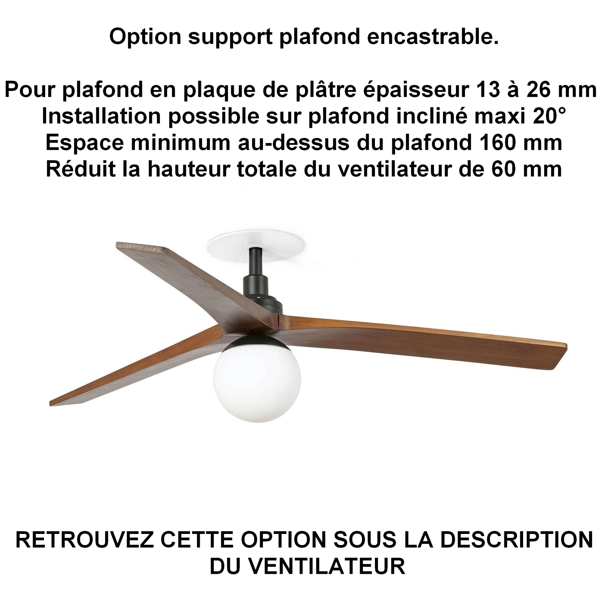 Ventilateur de plafond avec lampe KLIM-M Ø 1250 mm noir pales noyer foncé installation ba13