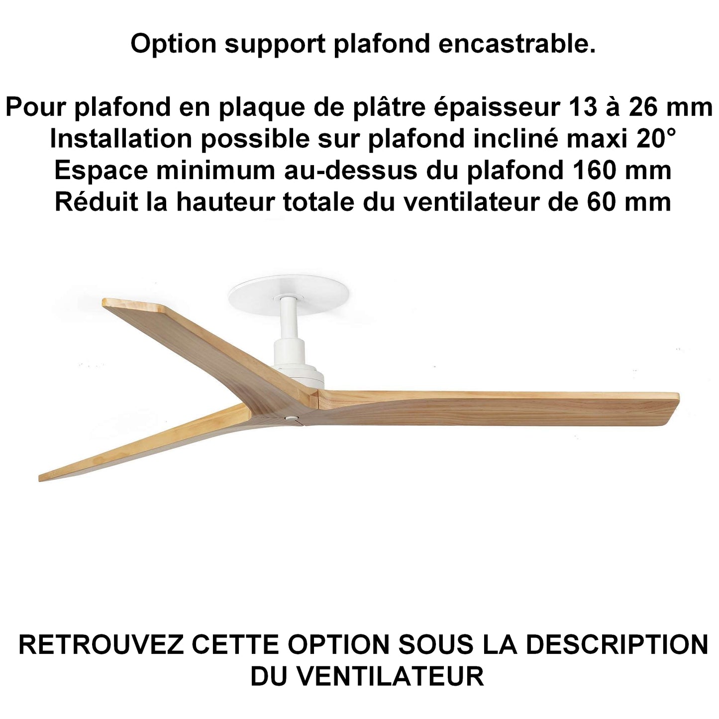 Ventilateur de plafond KLIM-M Ø 1250 mm blanc pales chêne clair encastrable
