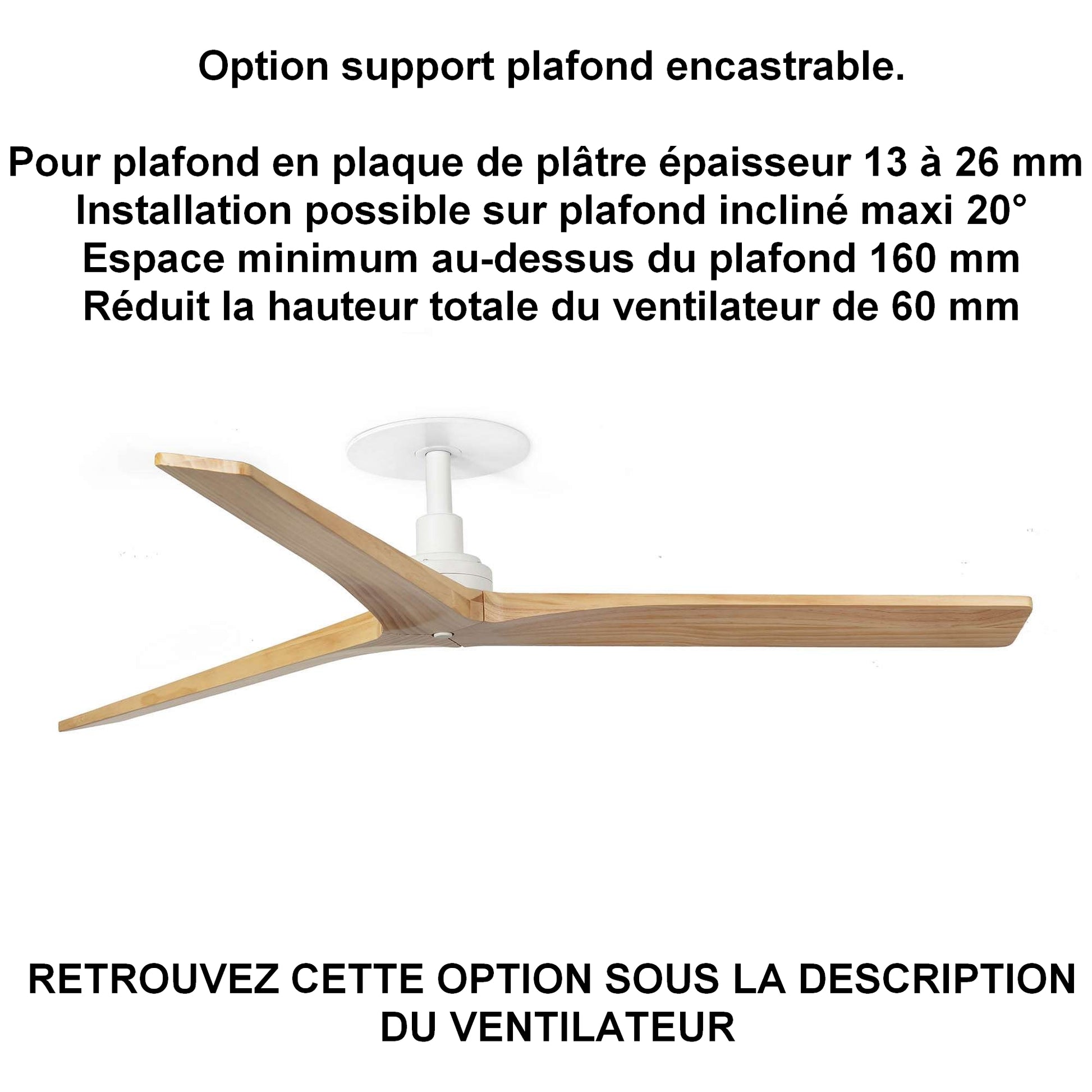 Ventilateur de plafond KLIM-M Ø 1250 mm blanc pales chêne clair encastrable