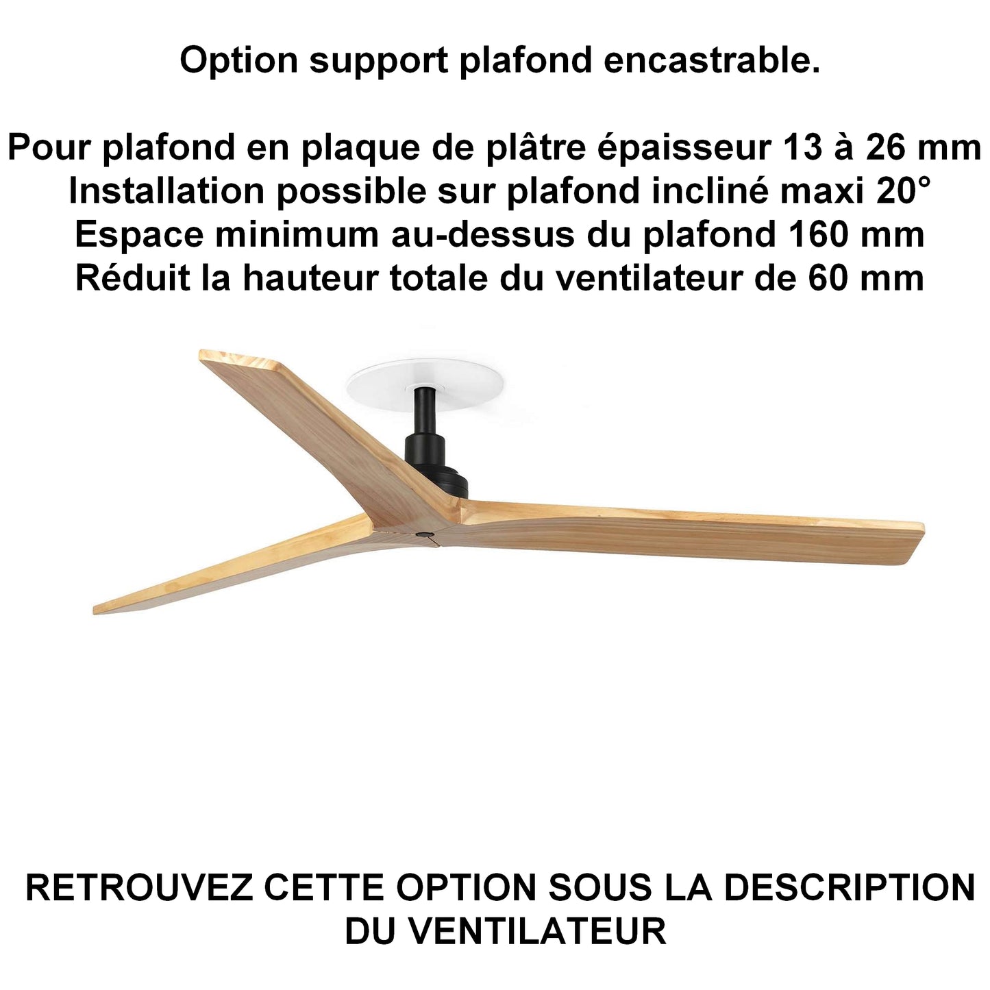 Ventilateur de plafond silencieux KLIM-M Ø 1250 mm noir pales chêne clair installation BA 13