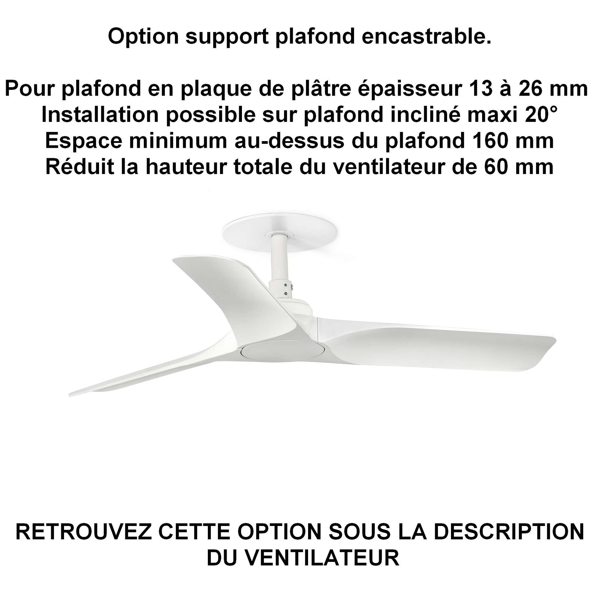 Ventilateur de plafond HEY blanc pour plafond ba13